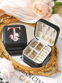 A-Z Floral Letter Pattern Travel Jewelry Box, Portable Zipper Travel Jewelry Storage Box, Gift Box For Women, PU Leather Waterproof Jewelry Box For Rings, Pendants, Earrings, Necklaces, Etc. - Gift Boxes For Girls And Women, Sun Travel Cool Back To School