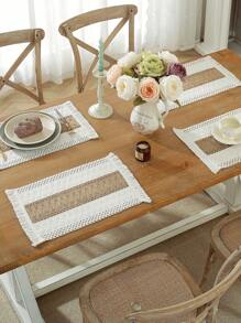1PC Personalized Embroidered Monogram Boho Placemats , Woven Placemats Cloth Placemats, Rustic Rectangular Beige Macrame Placemats For Rustic Wedding Family Gatherings Dining Table Kitchen,Mother's Day Gifts - Multicolor - View 4