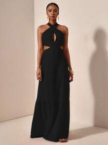 New Arrival Sleeveless Maxi Criss-Cross Backless Dress, Suitable For Parties & Vacation, Spring/Summer - Black - View 4