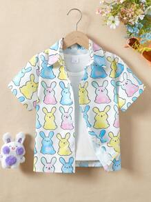 男童复活节彩色可爱兔子印花短袖衬衫，儿童夏季休闲舒适上衣 - 彩色 - 查看 1