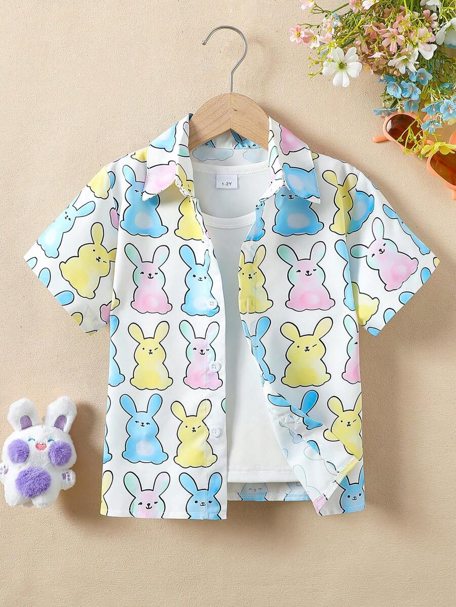 男童复活节彩色可爱兔子印花短袖衬衫，儿童夏季休闲舒适上衣 - 彩色 - 查看 1