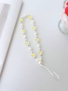 1pc Flower & Pearl Decorated Silver Ring Phone Lanyard, Universal Key/Earphone Case Holder Gifts For Mother, Family, Friends, Birthday, Holiday Phone Charm, Phone Chain