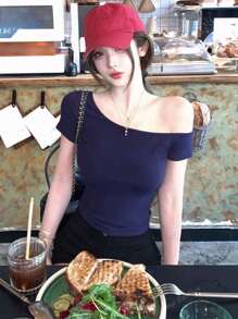 Chic Asymmetric Neck Short Sleeve Fitted Cropped T-Shirt Blouse