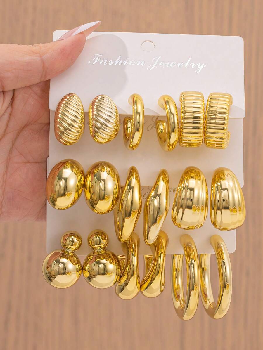 6-18pcs Versatile Simple Gold Earrings & Earring Pendants Set, Fashionable Everyday Jewelry - Gold - View 1