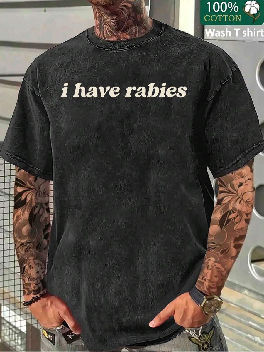 I Have Rabies, Minimalist And Funny Graphic Short Sleeve T Shirt For Men,Wicking Mens Crewneck T-Shirts Breathable Cotton Graphic Tees Shirts Top For Men Teen Clothes Large Black Shirt,230g Round Neck High-Quality Short Sleeved, With A Certain Thickness Suitable For All Seasons - 黑色 - 查看 1