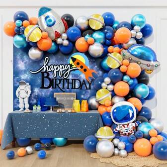 外太空宇航员气球花环拱门套件金属蓝色银色黑色橙色加厚乳胶气球与火箭飞船铝箔气球适用于外太空月球星球主题生日婴儿派对装饰用品