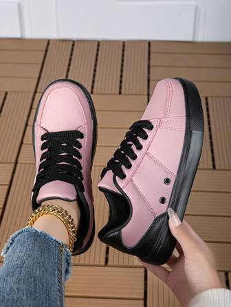 Women's Pink And Black Stitching Color Low-Top Lace-Up Breathable Odor-Proof Thick-Soled Soft And Comfortable Non-Slip Wear-Resistant Casual Sneakers, Women's College Style Outdoor Street Park Fashion Versatile Flat-Sole Casual Sneakers