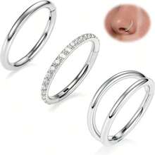 3 chiếc khuyên mũi đôi bằng thép không gỉ 316L - 16G/18G/20G, có khớp nối, đính đá Zirconia, dùng cho vách ngăn mũi, môi, sụn tai, vành tai, vành tai ngoài - 7mm/8mm/10mm - Thép - Xem 1
