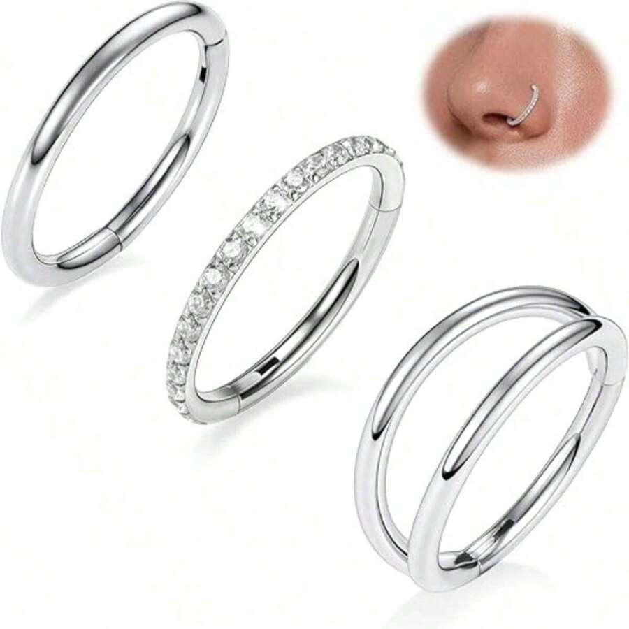 3 chiếc khuyên mũi đôi bằng thép không gỉ 316L - 16G/18G/20G, có khớp nối, đính đá Zirconia, dùng cho vách ngăn mũi, môi, sụn tai, vành tai, vành tai ngoài - 7mm/8mm/10mm - Thép - Xem 1