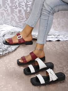 Fashion Versatile Summer Flat Slide Sandals With Buckle - Red - View 7