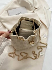 Mini Fashionable Plaid Gold Chain Drawstring Bucket Bag/Beach Bag - Beige - View 12