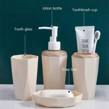 时尚简约几何浴室洗漱用品套装——多功能设计，包含牙刷杯、香皂盒、洗手液瓶、牙膏架等多功能家居收纳和装饰用品，适合居家和酒店使用。实用性极强，现代简约风格彰显品味。是打造个性化浴室的必备单品。组合设计让生活更井然有序。是家居升级的最佳选择！夏季家居浴室装饰