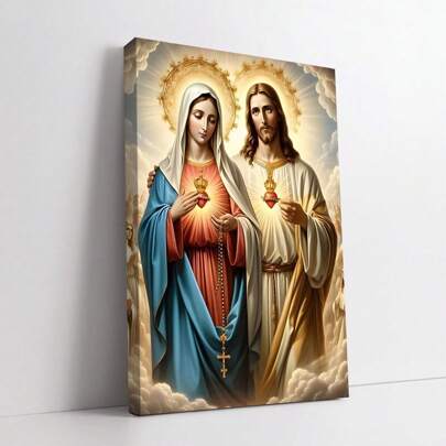 圣母玛利亚和圣心宗教帆布海报，可选框架墙壁艺术装饰，适用于家庭装饰、办公室装饰和教堂 - 精神基督教装饰海报，带框架的墙壁艺术