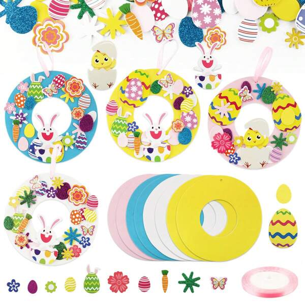 270 pièces Kit artisanal de Pâques, autocollants en mousse, panneaux de couronne de Pâques, décorations DIY en mousse, lapins de Pâques, œufs, poussins. Autocollants de Pâques pour enfants. Décoration de porte d'entrée pour le printemps