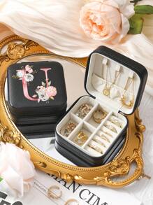 A-Z Floral Letter Pattern Travel Jewelry Box, Portable Zipper Travel Jewelry Storage Box, Gift Box For Women, PU Leather Waterproof Jewelry Box For Rings, Pendants, Earrings, Necklaces, Etc. - Gift Boxes For Girls And Women, Sun Travel Cool Back To School