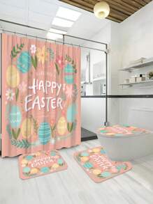 Conjunto de 4 piezas de elementos de Pascua para el baño: Cortina de ducha, alfombra de baño, tapa de inodoro, alfombra en forma de U. Cortina de ducha impermeable de poliéster con ganchos, juego de alfombras de baño antideslizantes, decoración de hogar de Pascua