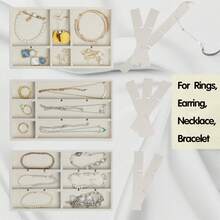 Set Of 8 Stackable  Organizer Trays With 1 Lid For Drawer & Dresser Organizer, Adjustable Velvet  Box Tray Earring Organizer Necklace Storage Ring Bracelet Display Case (Beige)