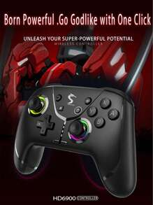 Controlador de juego inalámbrico HD-6900 de 1 pieza de material ABS negro con joystick 3D, luz RGB y sensor de seis ejes, conexión de un botón, disparo continuo y programable, compatible con Switch/Android/IOS/PC - Negro - Ver 5