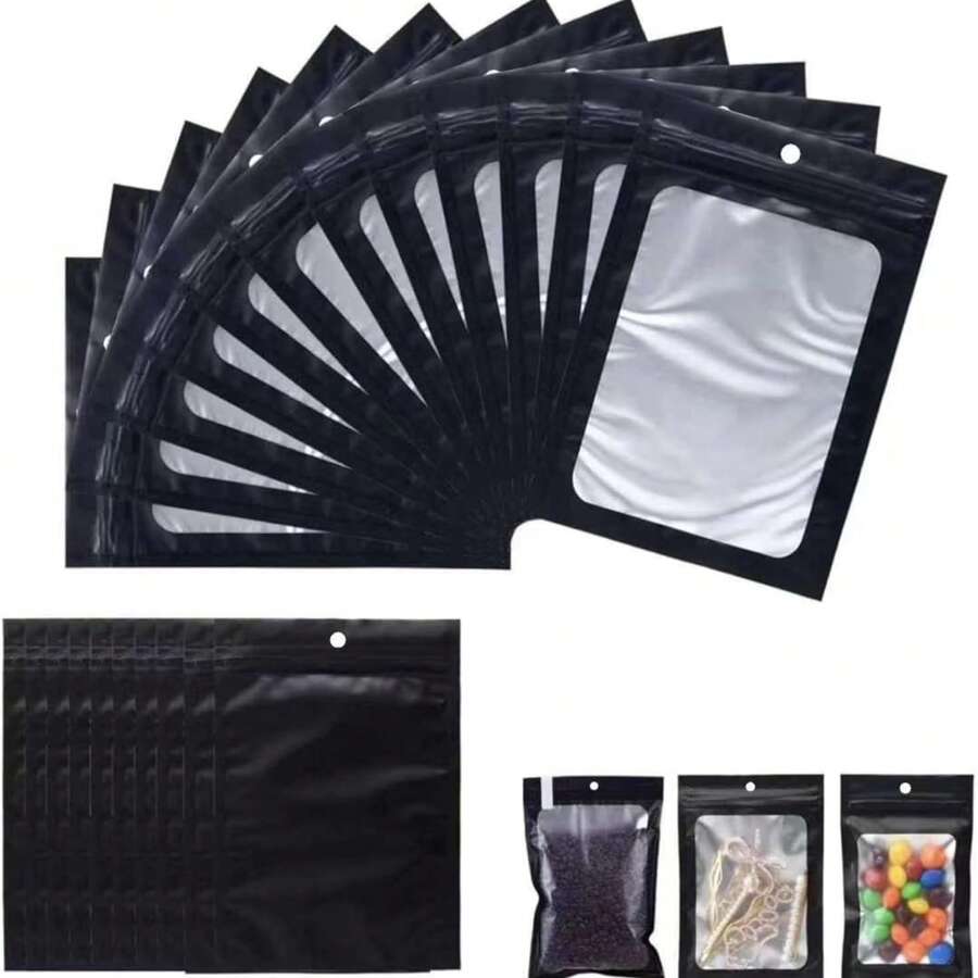 100 túi kẹo Mylar có thể đóng lại, túi đóng gói chống mùi nhỏ màu đen có cửa sổ phía trước, túi nhựa PE tráng nhôm đựng mẫu bánh quy ăn nhẹ, thực phẩm bảo quản, đồ trang sức, đồ dùng cho tiệc ngày lễ