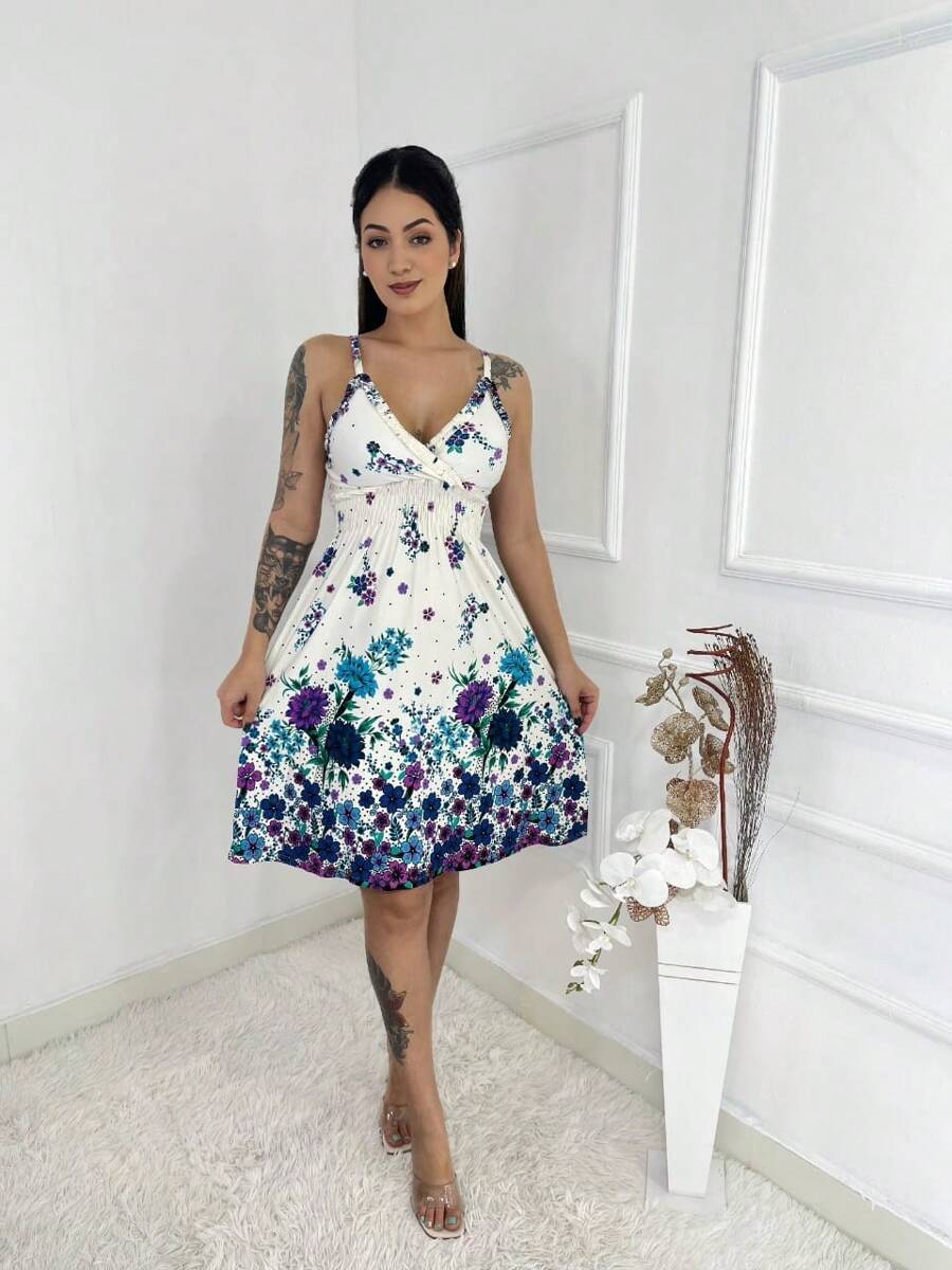 Short Dress With Printed Straps, ViscoLycra, V-Neckline And Elastic Waistband - Màu tím - Xem 1