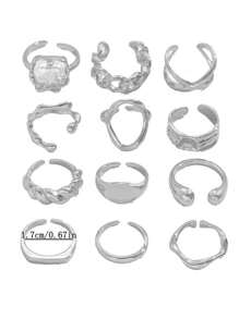 12pcs/Set Women's Punk Style Vintage Geometric Ring Set, Fashion Personalized Jewelry Gift - Silver - View 5