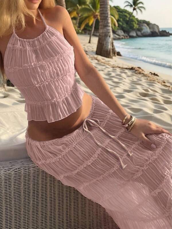 Conjunto de vestido longo de chiffon com várias camadas, franzido, renda, frente única, costas nuas, romântico e elegante, conjunto de 2 peças para mulheres, Halloween, festa, gótico, casamento