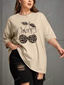 Blusa estiva casual ampia con stampa leopardata e ciliegie in stile streetwear, maglietta ampia in CVC taglie comode per donne, maglietta ampia e comoda a maniche corte in taglie comode per attività sportive, blusa estiva ampia color cachi in taglie comode per donne, maglietta estiva ampia in taglie comode per donne