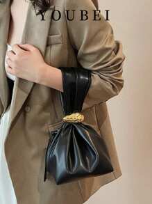 1pc Women Solid Color PU Tote Bag, Personalized Mini Ruched Bag With Metal Decors & Zipper Closure, Suitable For Daily & Outdoor Use