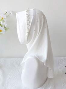 1pc Girls Beaded Solid Color Soft Headscarf, Comfortable Loose Fit Hijab Scarf - White Beaded Headscarf - View 5