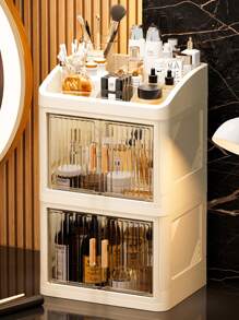 1-Set 3-Layer Crown Design Foldable Drawers Makeup Organizer Box, Cream White Color, Suitable For Cosmetics, Lipsticks, Skincare Products, Desk Top Storage, Thickened & Enlarged Easy To Carry