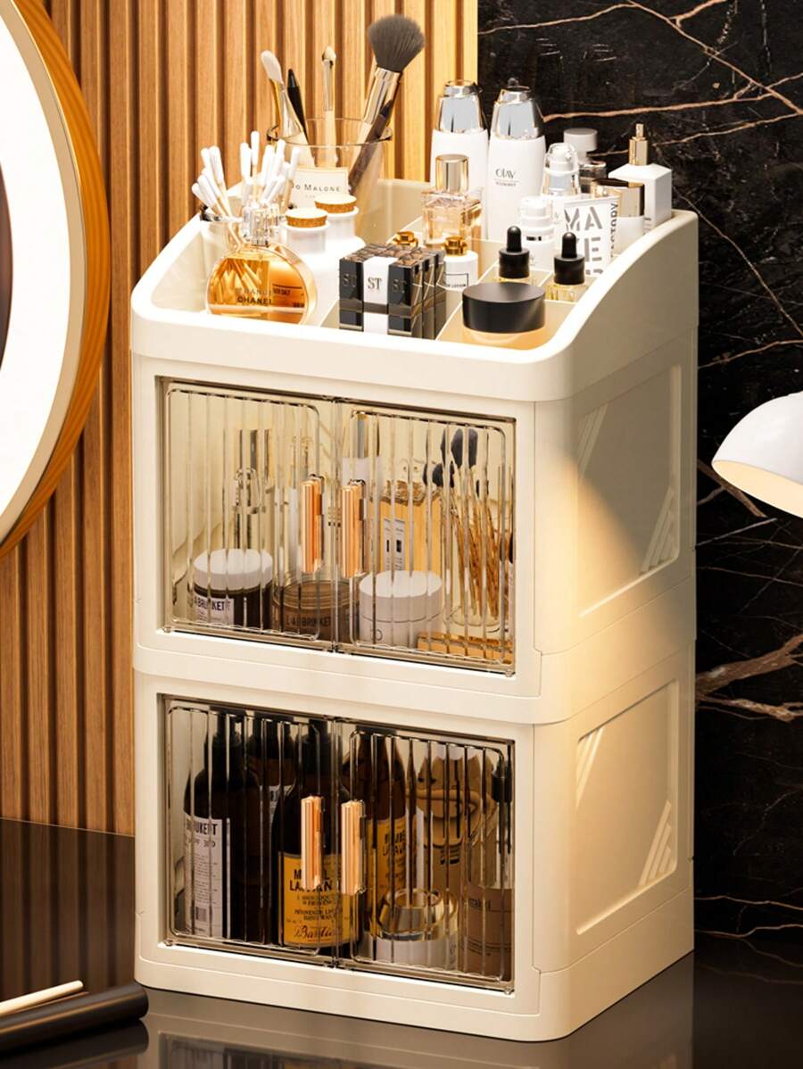 1-Set 3-Layer Crown Design Foldable Drawers Makeup Organizer Box, Cream White Color, Suitable For Cosmetics, Lipsticks, Skincare Products, Desk Top Storage, Thickened & Enlarged Easy To Carry