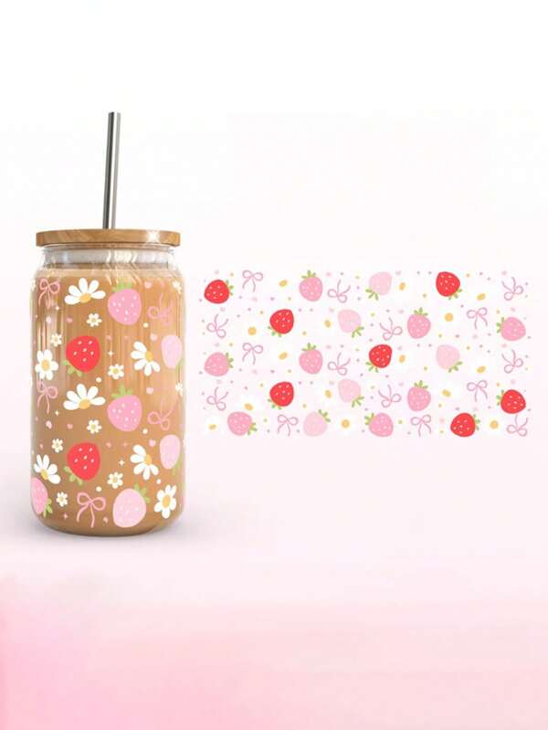 Cute Strawberry Bows UV DTF Transfer Sticker Libbey Glass Cups Wraps Rub On Transfer Sticker For 16oz Glass Cup Waterproof Sticker Bottle Coffee Mug Cup Self-Adhesive Sticker, Laptops Greeting Cards Decal Stickers, Party Decorations, Suitable For Any Hard Surface Transfer Decals Supplies