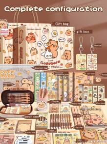 Nuevo set de artículos de papelería con temática de capibara, combinación de herramientas de escritura de alta calidad que incluye cuaderno, marcador de libros y accesorios, material de papel, adecuado para estudio, graduación, diarios y regalos de cumpleaños, recuerdos de fiesta, regreso a la escuela, útiles escolares