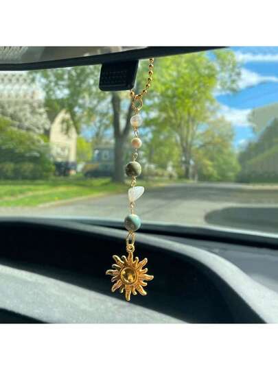 Sun Hanging Car Charm,Green And Gold Rear View Mirror Accessories Cute Boho Dangling Sun Car Decor Handmade Healing Crystals Stones Ornament Gifts For Women Men,Home Decor ,Room Decor,Wall Decor Birthday Graduation