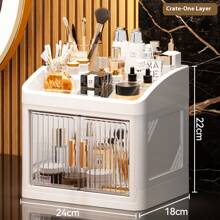 1-Set 3-Layer Crown Design Foldable Drawers Makeup Organizer Box, Cream White Color, Suitable For Cosmetics, Lipsticks, Skincare Products, Desk Top Storage, Thickened & Enlarged Easy To Carry