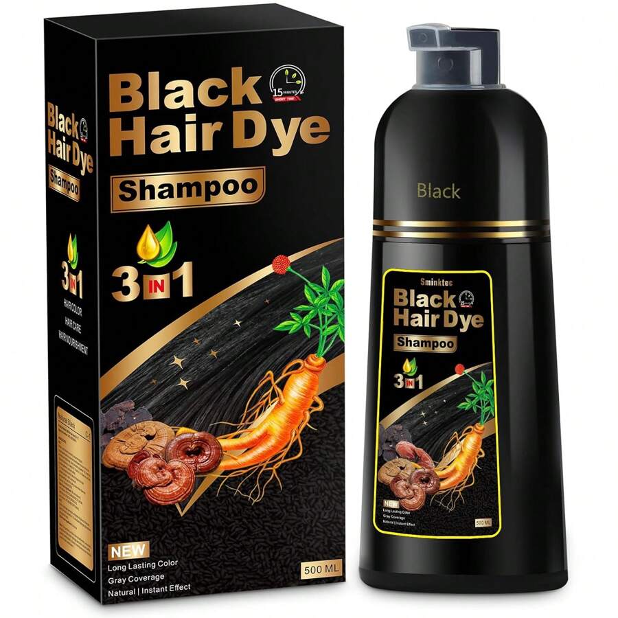 Hair Dye Shampoo 3 In 1 For Gray Hair, Herbal Ingredients Natural Shampoo Hair Dye For Women Men (Black) - 黑色 - 查看 1