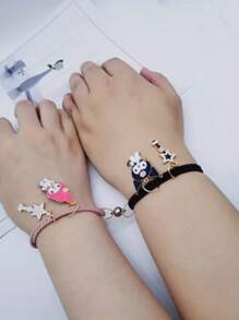 Sanrio 2pcs/Set Sanrio Character Friendship Bracelet Set, Comes With Magnetic Clasp, Polyamide Woven Strap, Anime Style Charm Bracelet, Suitable For Couples And Friends, Bracelet Set, Couples, Anime Items, Halloween