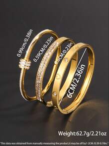 Camhanno 3pcspiece Exquisite Luxury Clover Crystal Stainless Steel Bracelet, Suitable For Women's Daily Wear, As A Gift For Friends Or Girlfriends - Yellow Gold - View 7