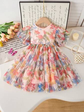 Young Girls Ditsy Floral Puff Sleeve Dress, Round Neck Fitted Short Sleeve Children Mesh Princess Gown, Summer