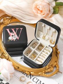 A-Z Floral Letter Pattern Travel Jewelry Box, Portable Zipper Travel Jewelry Storage Box, Gift Box For Women, PU Leather Waterproof Jewelry Box For Rings, Pendants, Earrings, Necklaces, Etc. - Gift Boxes For Girls And Women, Sun Travel Cool Back To School