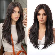 Peluca sintética resistente al calor con onda natural larga, división central, raya media, negro marrón de 26 pulgadas, natural diaria, suave y realista (sin accesorios)