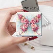 1 pièce Miroir de maquillage de vanité portable avec design de fleurs et papillons vintage européen, miroir à main pliable ultra-fin et léger avec étui en PU , placage métallique en acier inoxydable. Convient pour toutes les occasions et utilisateurs.