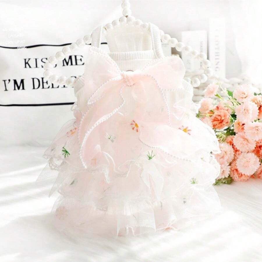 1pc Pet Dog/Cat Lightweight Spring/Summer Cute Embroidered Lace Cake Princess Dress Apparel For Small Dogs - White - View 1