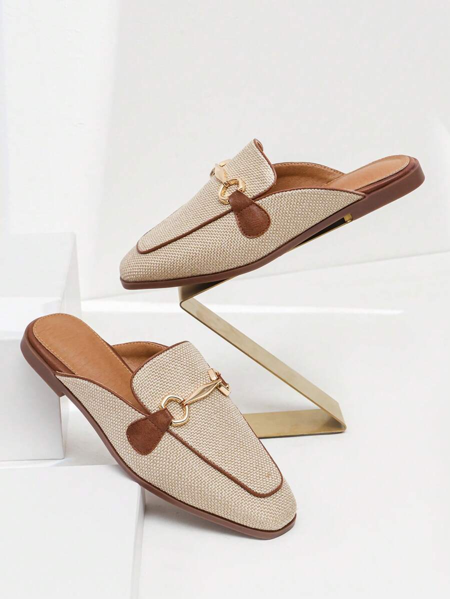 Fall/Winter Breathable Linen Classic Versatile Metal Buckle Slip-On Mule Loafer Slippers,Flats
