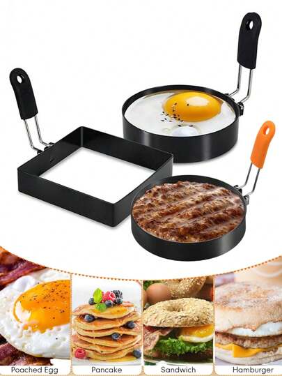 1pc/2pcs Egg Ring Pancake Ring, Non-Stick Pancake Mold, Round Egg Frying Mold, Square Fried Egg Mold, Multi-Purpose Egg Cooker, Heatproof Egg Ring, Kitchen Egg Cooking Tool,Omelette Mould Made Of Stainless Steel,Egg Ring With Handle,Different Shapes, Protein Separator,Fried Egg Mold,Pancake Molds,Creative Omelette Ring Fried Egg