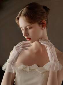 1 Pair Elegant Solid Color Pearl Lace Trim Hand Gloves, Decorative Sheer Gloves For Wedding, Performance, Suitable For All Seasons