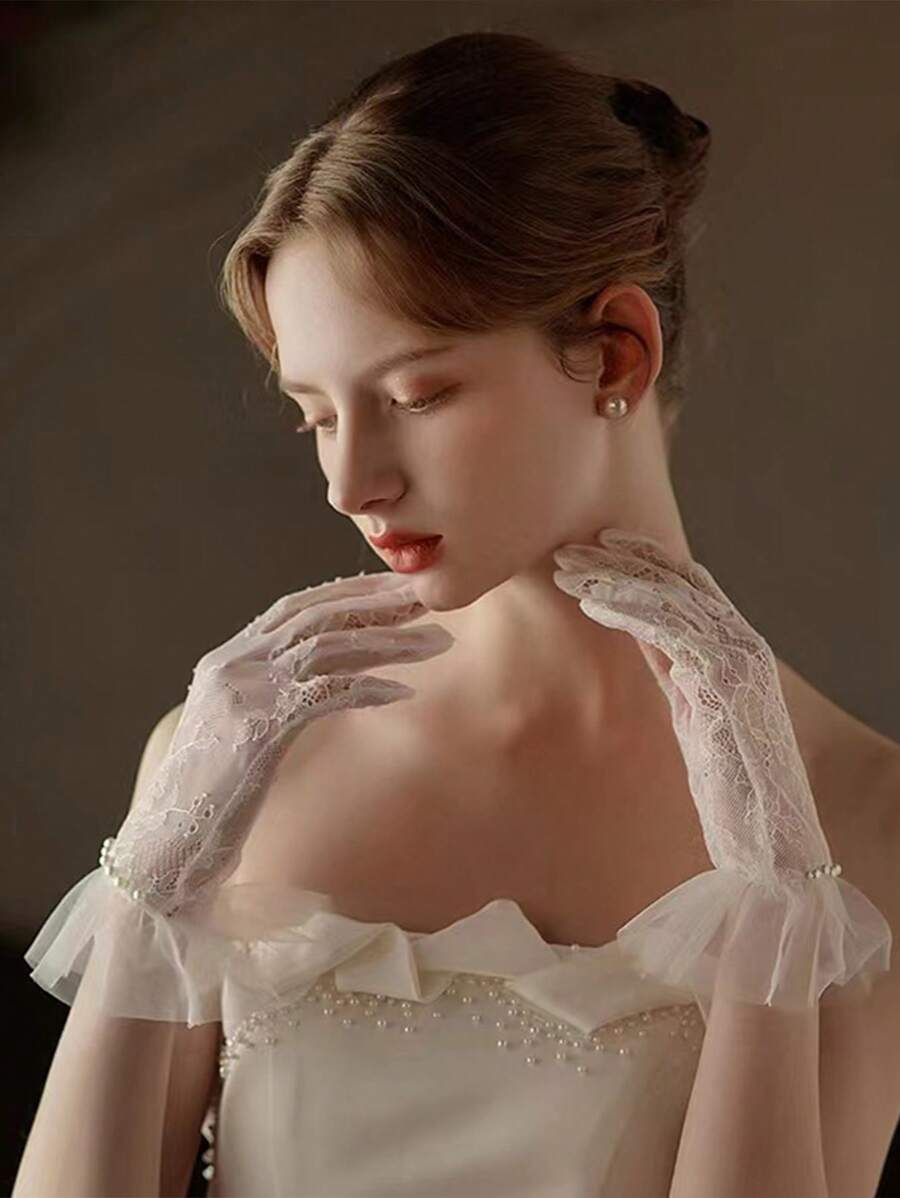 1 Pair Elegant Solid Color Pearl Lace Trim Hand Gloves, Decorative Sheer Gloves For Wedding, Performance, Suitable For All Seasons