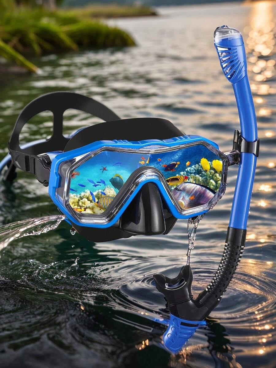 Snorkeling Mask Set With Breathing Tube, 180-Degree Wide View Anti-Fog Swimming Goggles, Adjustable Strap Waterproof Diving Mask - Multicolor - View 1