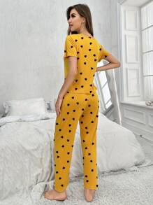 Pijama informal de 2 piezas con estampado de corazones para mujer, top de manga corta y cuello redondo y pantalones, conjunto de ropa de dormir de verano para vacaciones