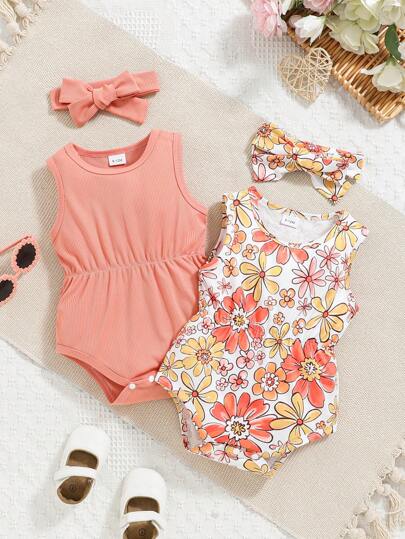 طقم للبنات الصغار مكون من 4 قطع للربيع والصيف، رومبير بنقشات رأسية مخططة وطبعات أزهار والشريط المطابق للرأس، باللون الوردي